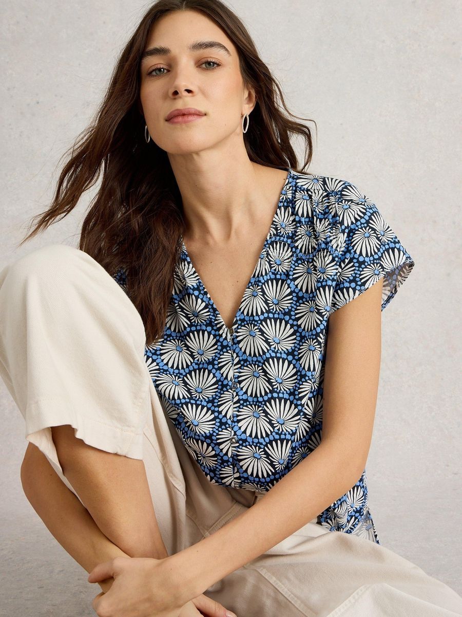 Baumwollbluse mit geometrischem Fächermuster