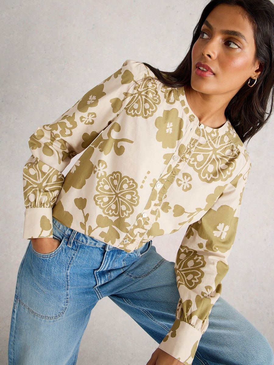 Baumwollbluse mit Rüschen und Blumenmuster