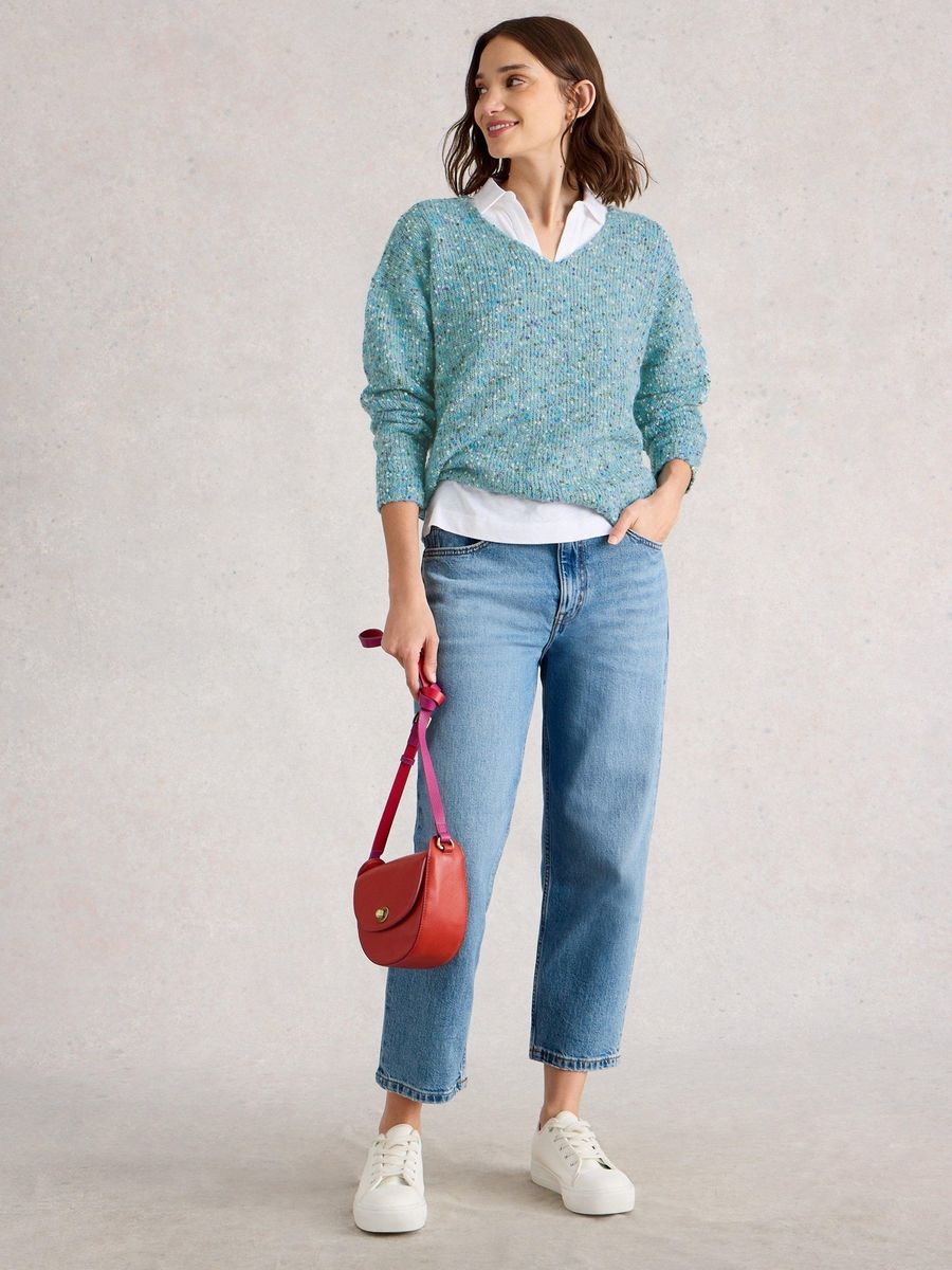 Strukturierter V-Ausschnitt-Pullover mit Farbtupfern