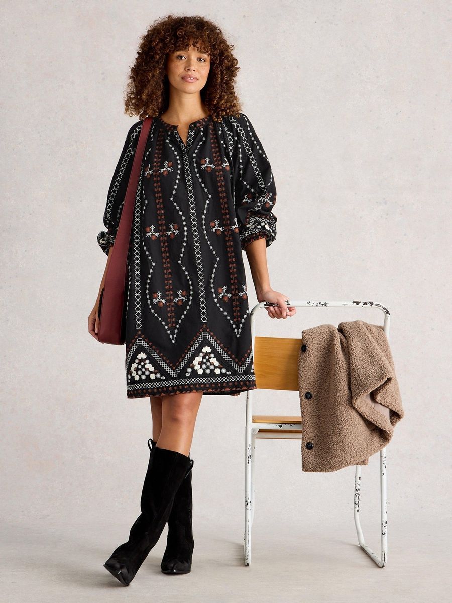 Aufwendig besticktes Baumwoll-Tunika-Kleid