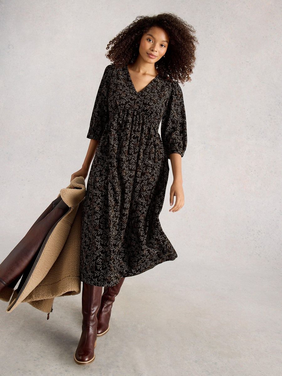 Kord-Midikleid mit Empire-Taille