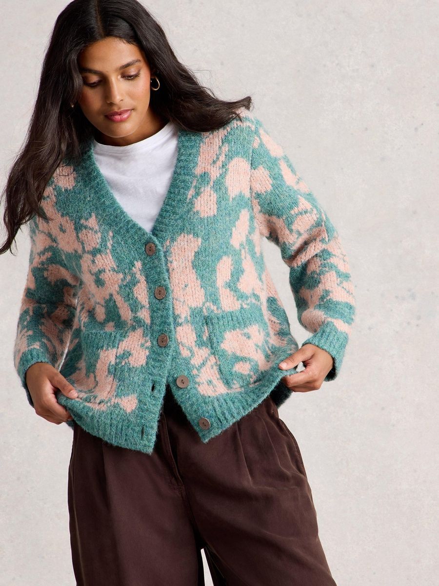 Florale Oversize-Strickjacke mit Intarsienmuster
