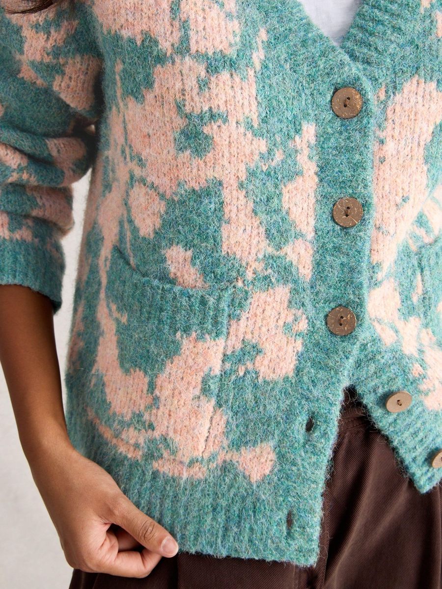 Florale Oversize-Strickjacke mit Intarsienmuster