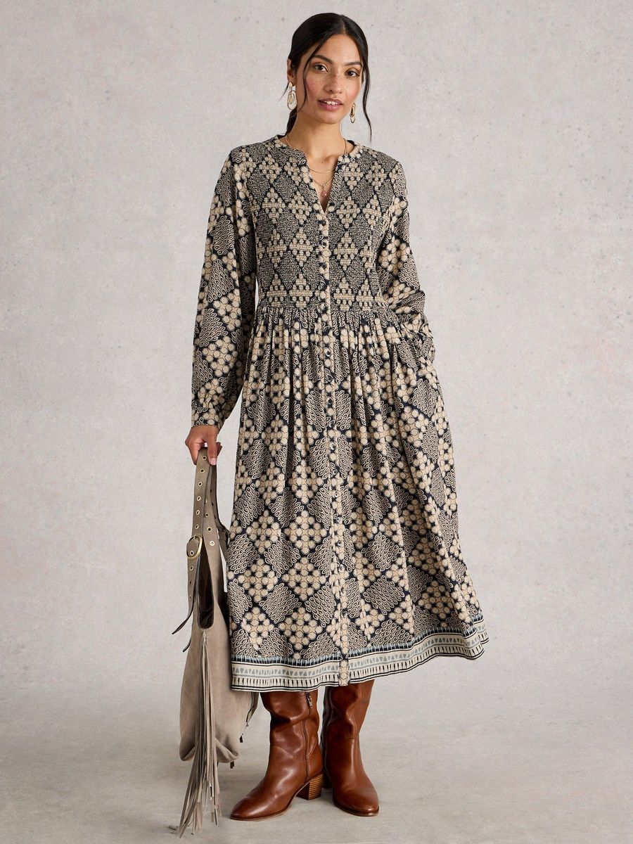 Bohemian Midi-Kleid mit Smok-Einsatz