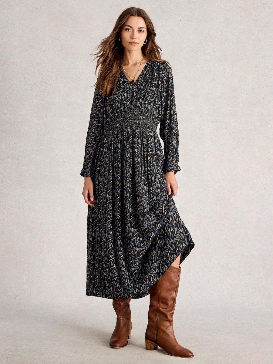 Midikleid mit Metallic-Print und Smok-Taille