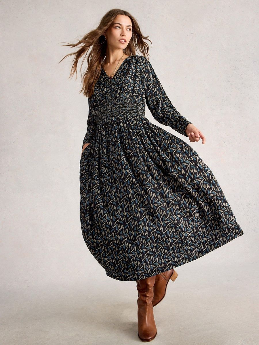 Midikleid mit Metallic-Print und Smok-Taille