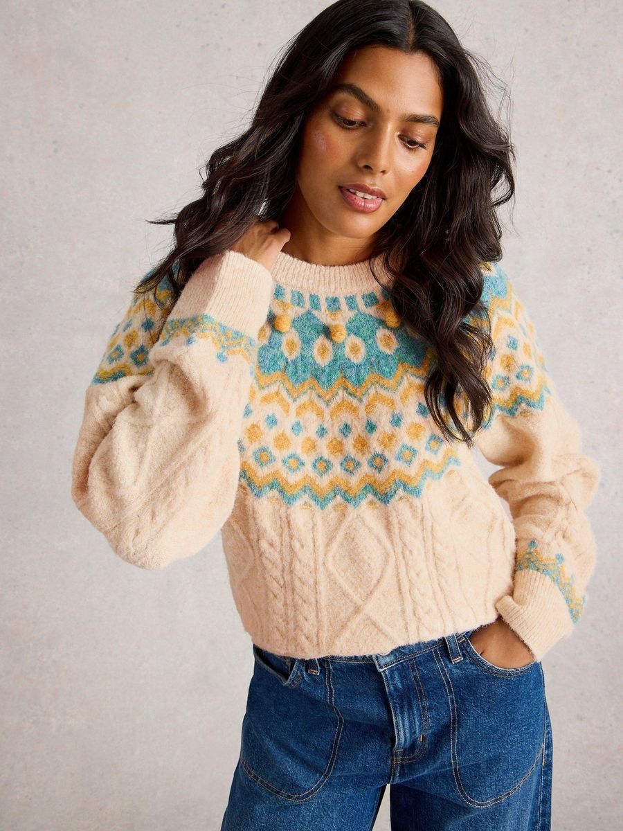 Fair-Isle-Strickpullover mit Pompons