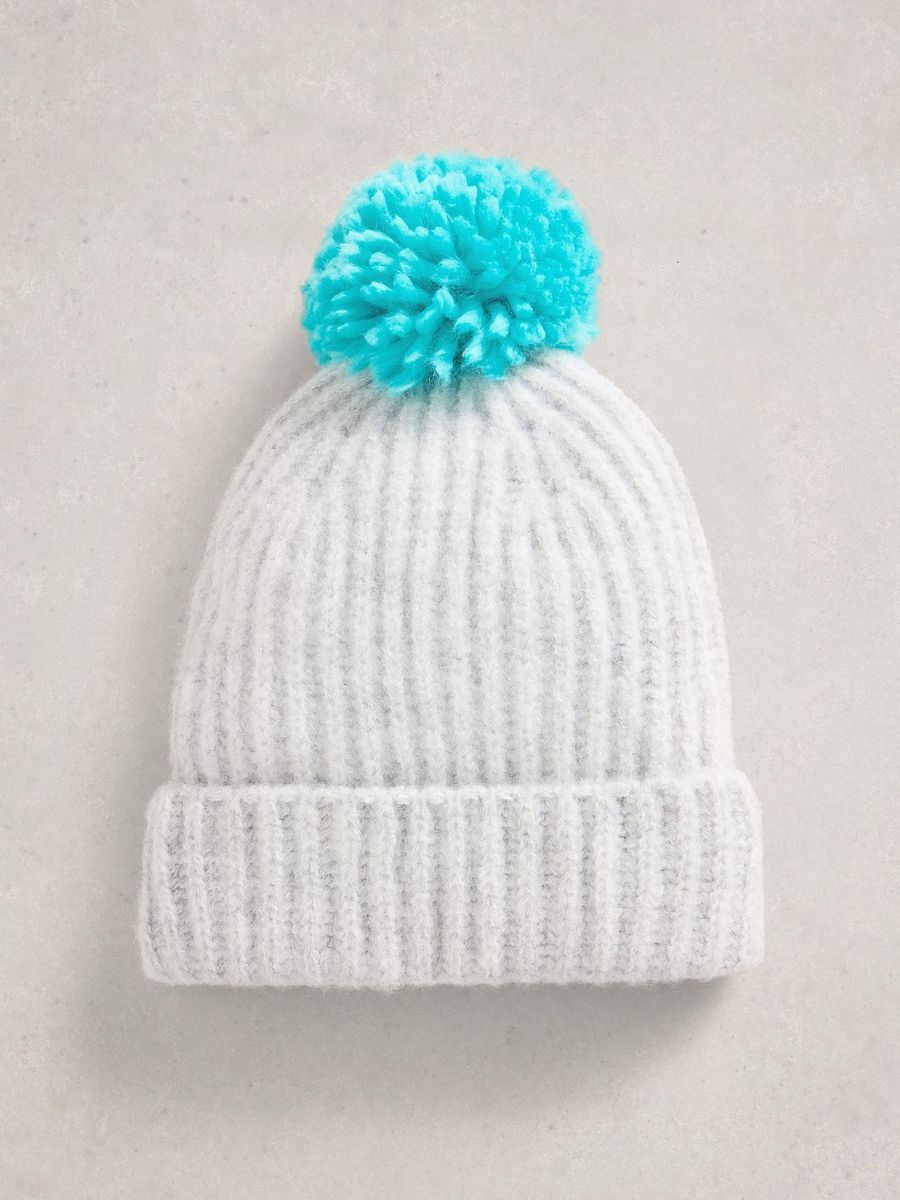 Rippstrickmütze mit farbigem Bommel