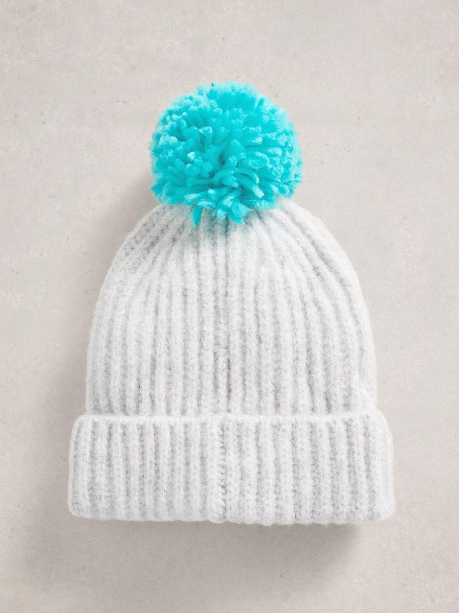 Rippstrickmütze mit farbigem Bommel