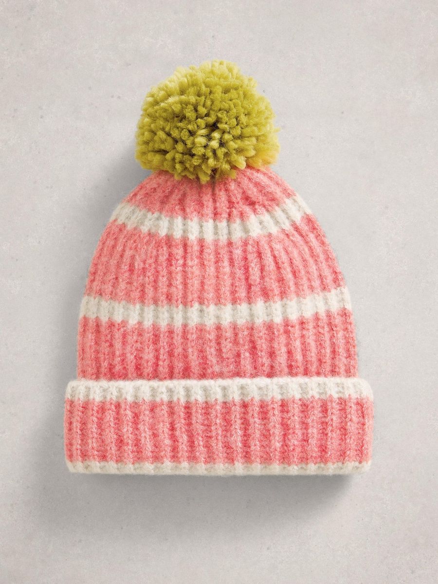 Rippstrickmütze mit farbigem Bommel