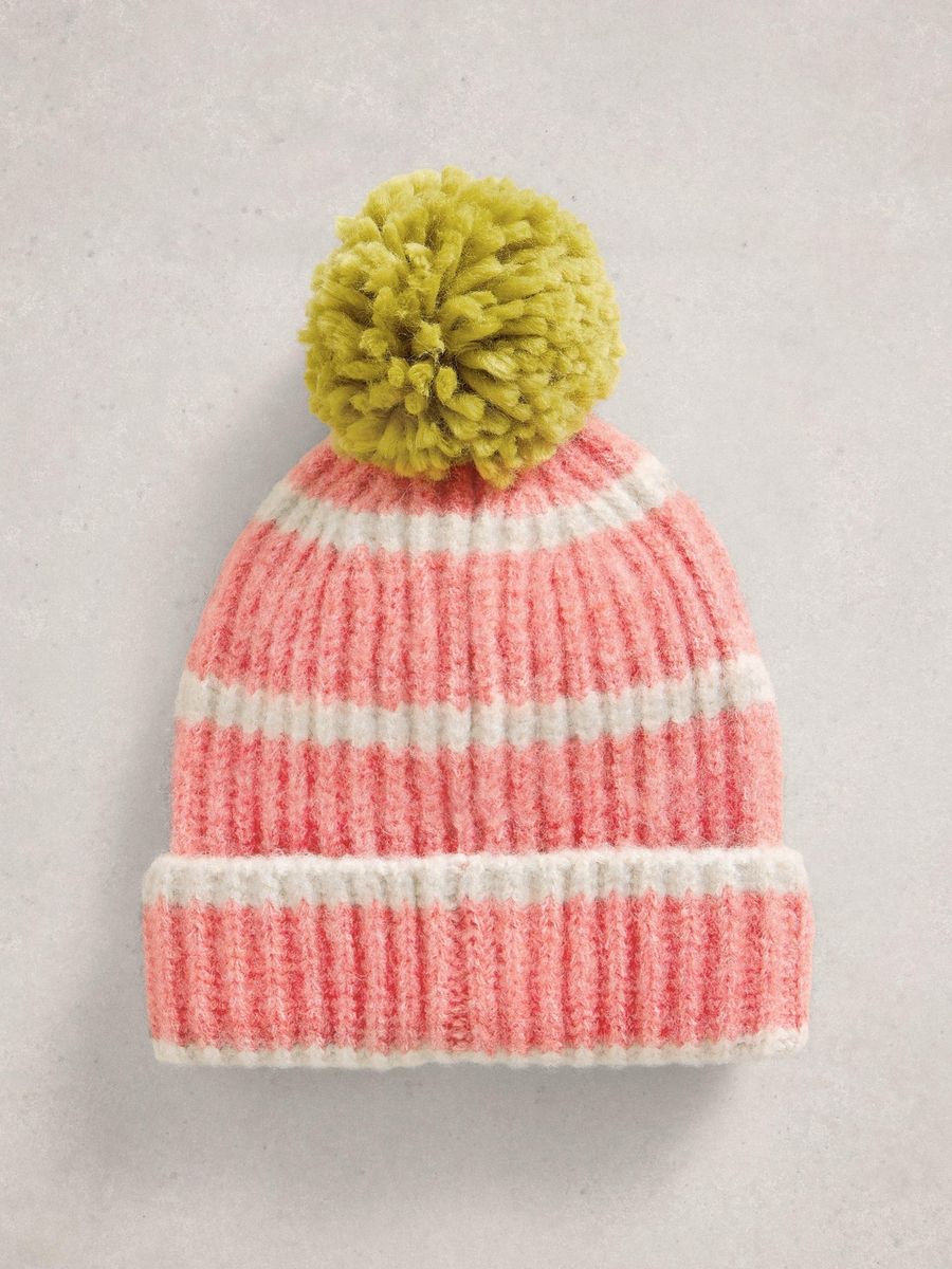 Rippstrickmütze mit farbigem Bommel