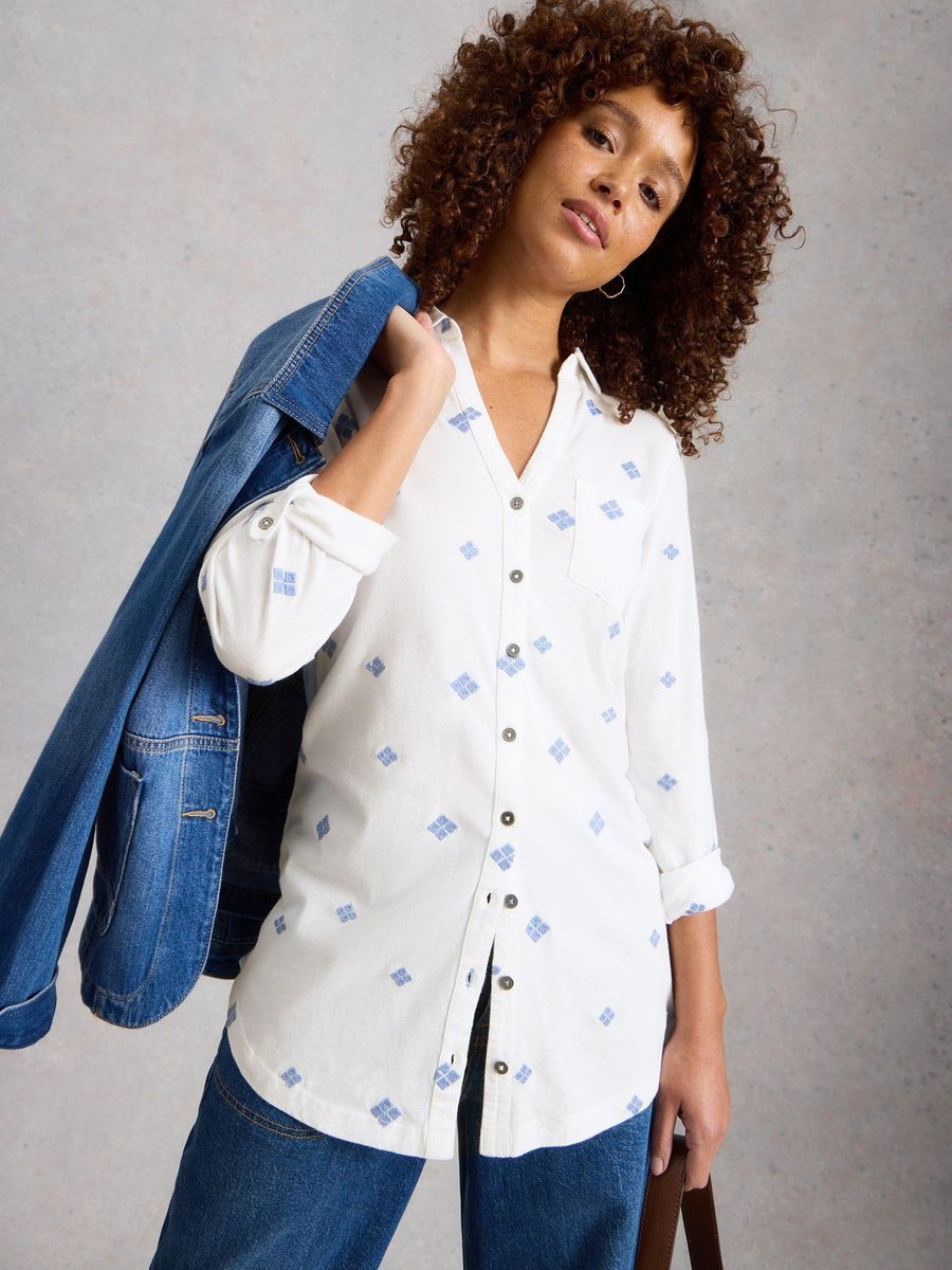 Lange bestickte Baumwollbluse
