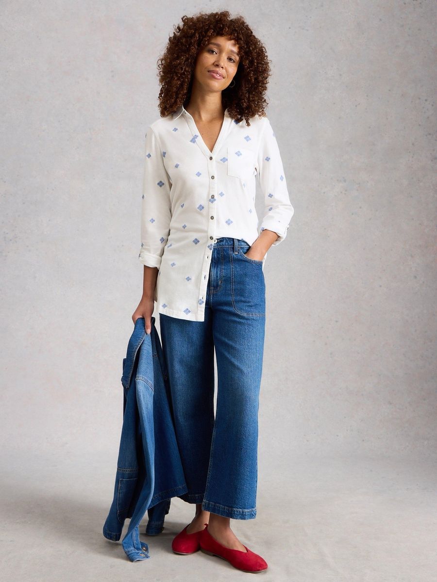 Lange bestickte Baumwollbluse