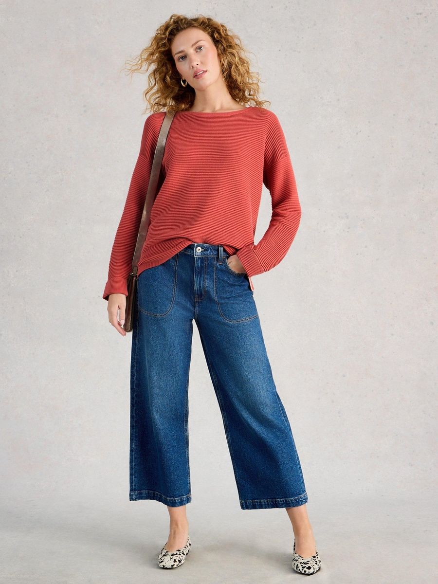 Horizontal gerippter U-Boot-Ausschnitt Pullover