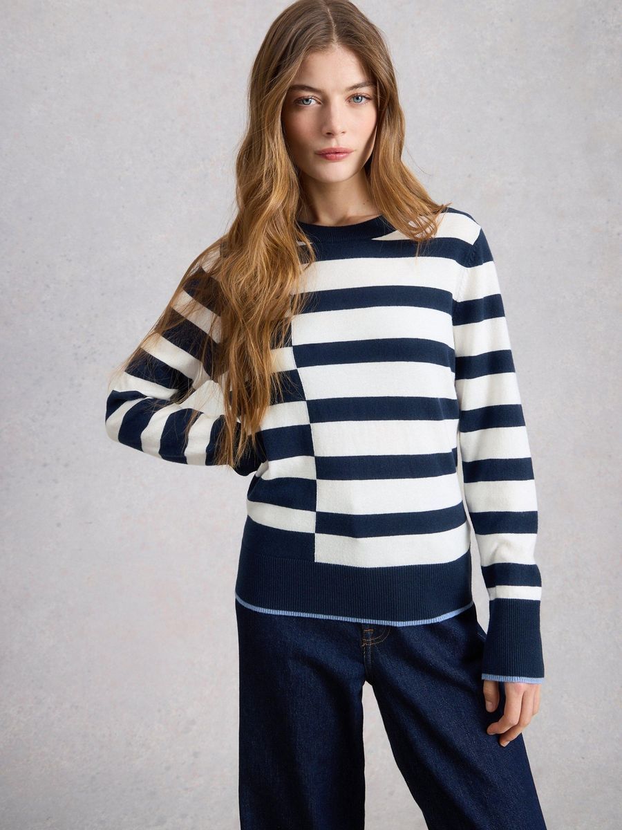 Gestreifter Baumwoll-Merino-Pullover mit Musterversatz