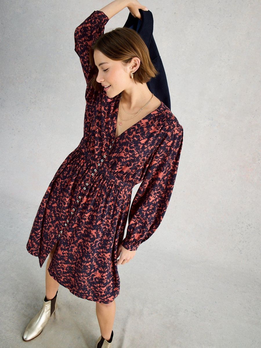 Gemustertes Midikleid mit Knopfleiste