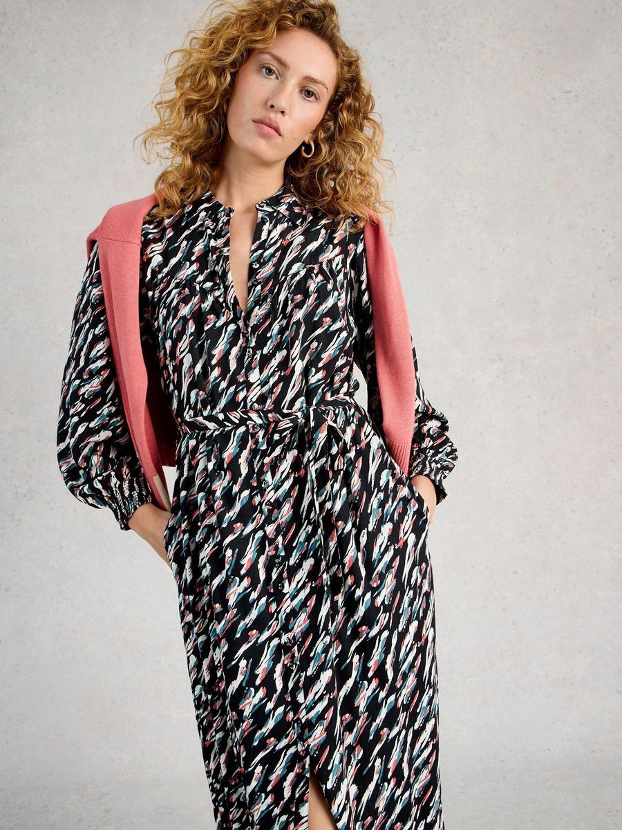 Midi-Hemdblusenkleid mit abstraktem Muster