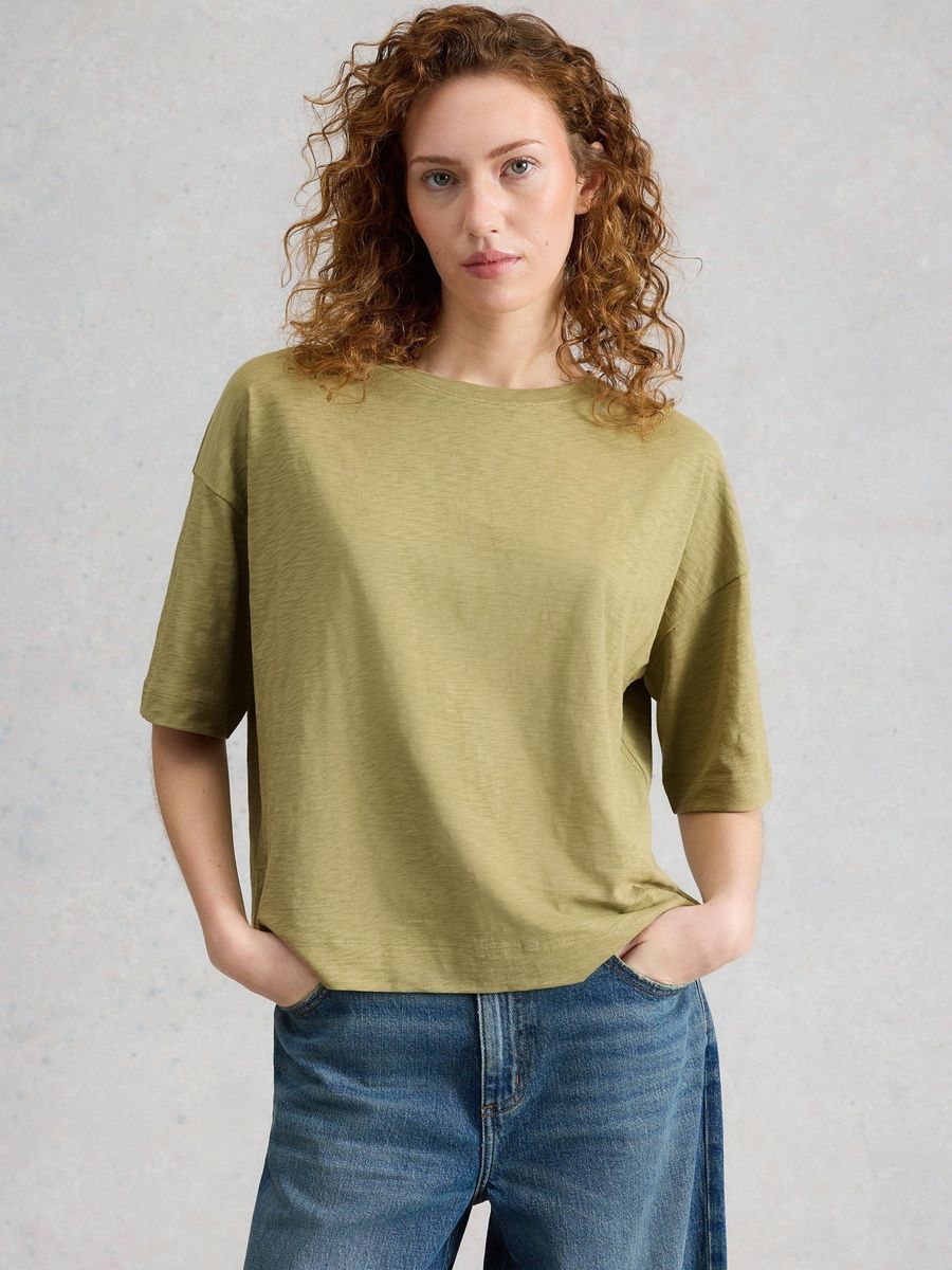 Boxy Baumwoll-T-Shirt mit halblangen Ärmeln