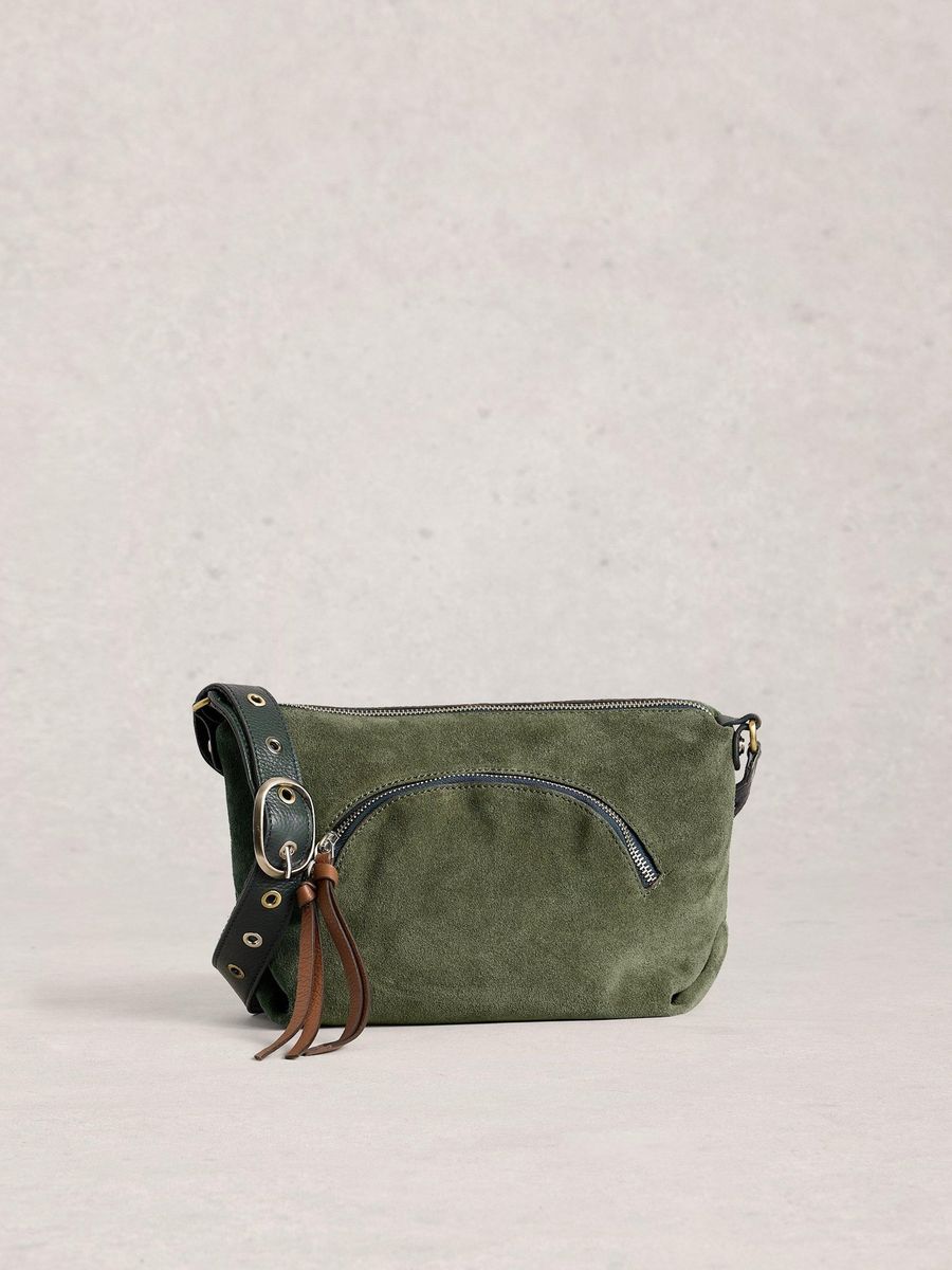 Minimalistische Wildleder-Umhängetasche mit Reißverschluss