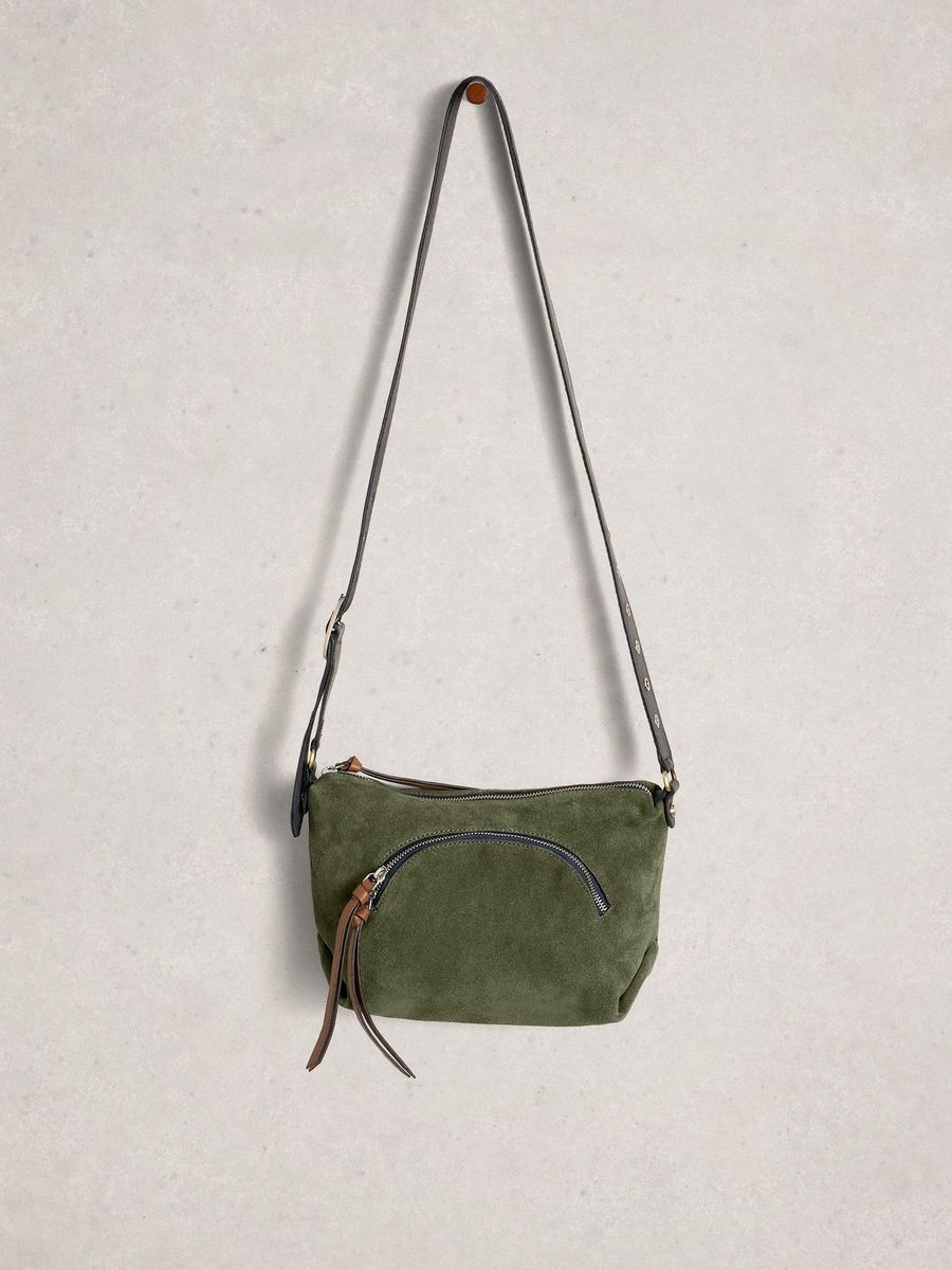 Minimalistische Wildleder-Umhängetasche mit Reißverschluss
