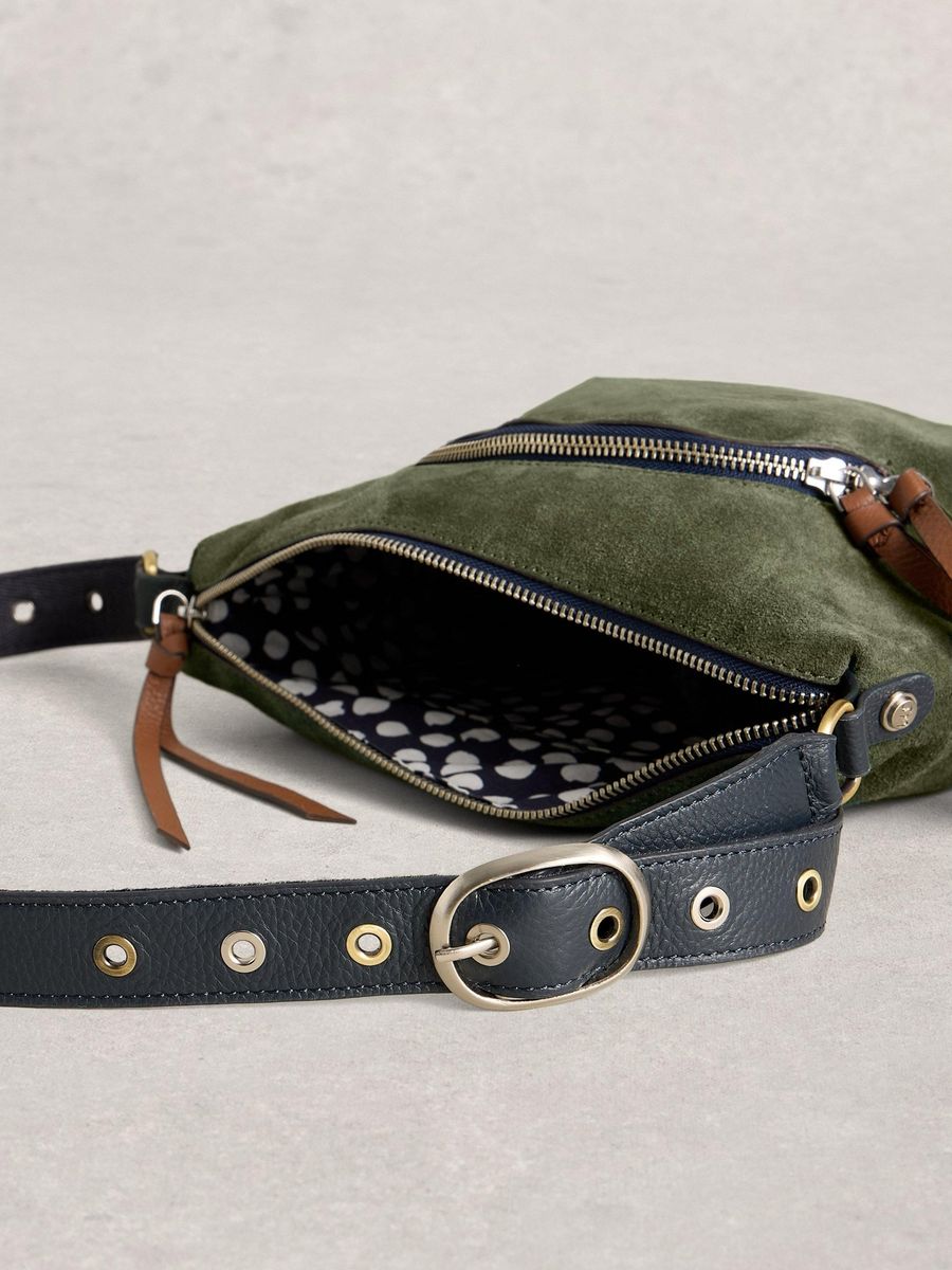 Minimalistische Wildleder-Umhängetasche mit Reißverschluss