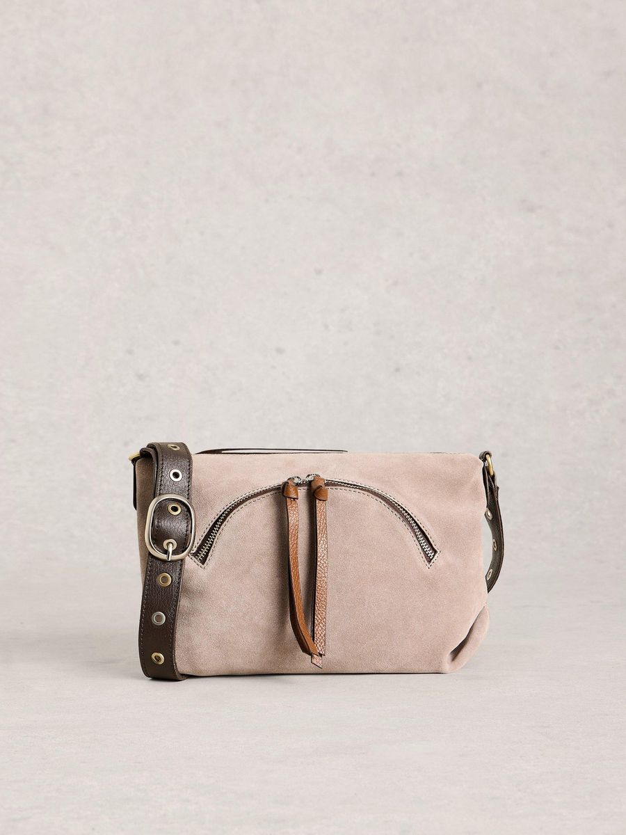 Minimalistische Wildleder-Umhängetasche mit Reißverschluss