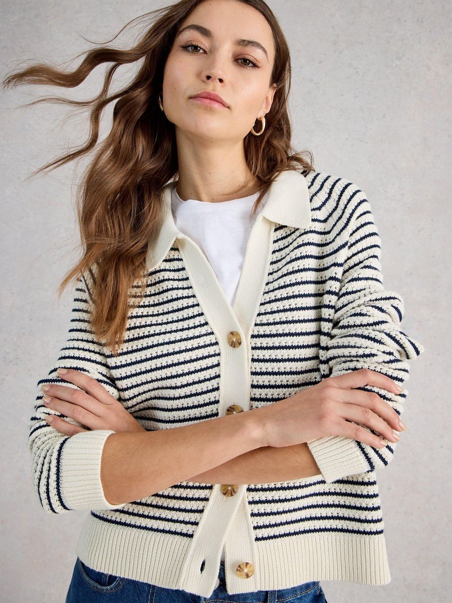 Strukturierte gestreifte Strickjacke mit Kragen