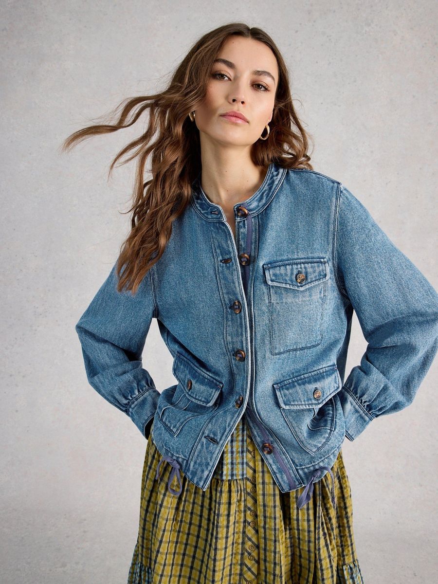 Kragenlose Jeansjacke mit Kordelzug
