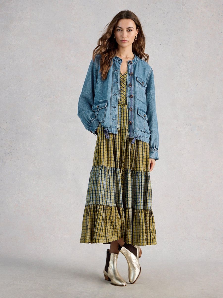 Kragenlose Jeansjacke mit Kordelzug