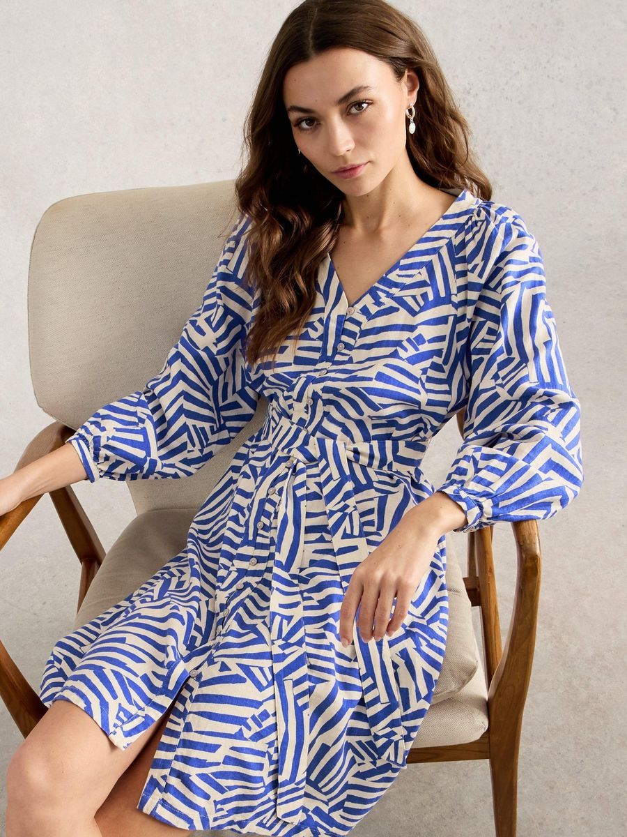 Midikleid aus Leinenmischung mit Santorini-Print