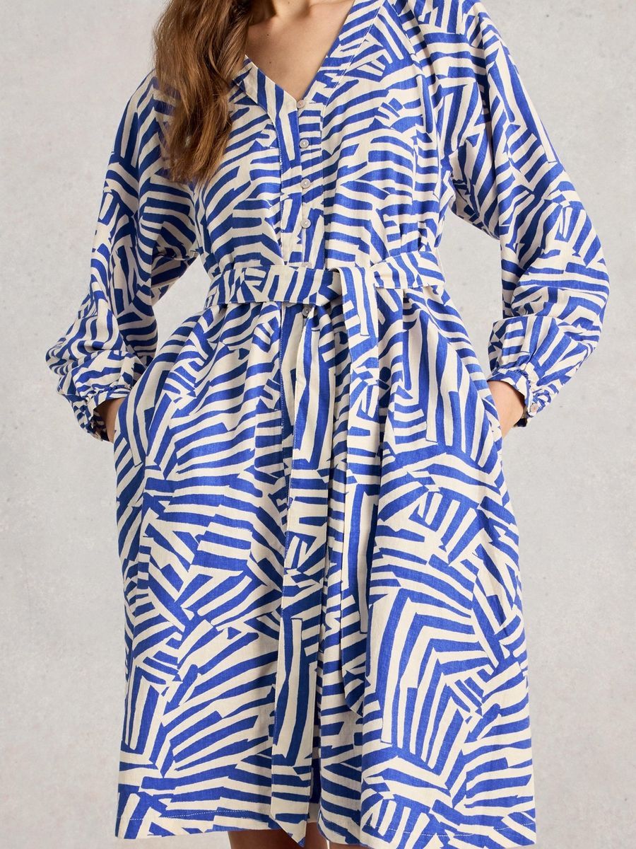 Midikleid aus Leinenmischung mit Santorini-Print