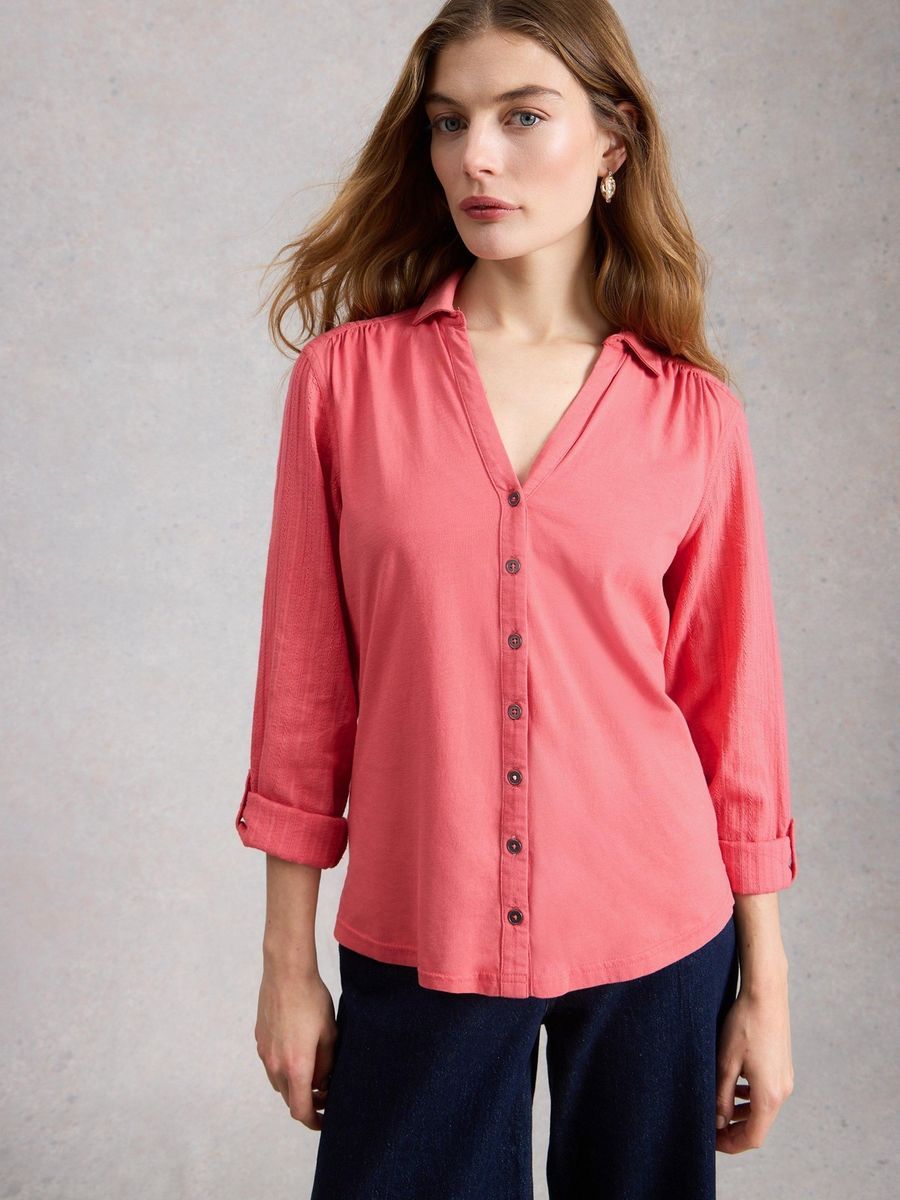Bluse mit Knopfleiste und Krempelärmeln