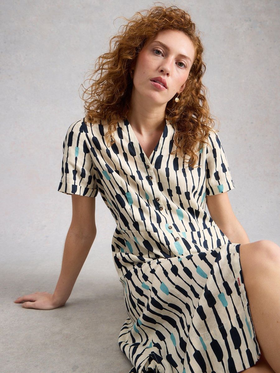 Bedrucktes Leinen-Midi-Hemdkleid