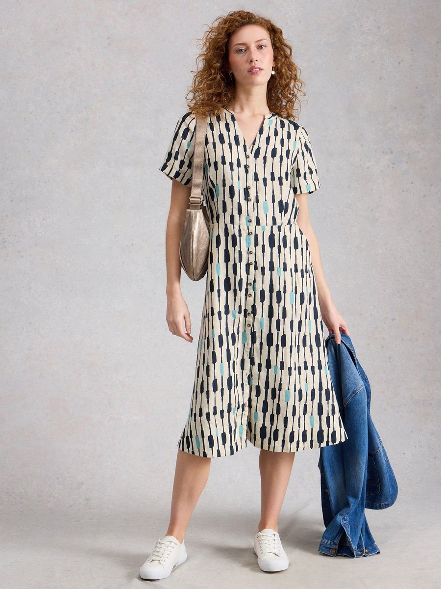 Bedrucktes Leinen-Midi-Hemdkleid