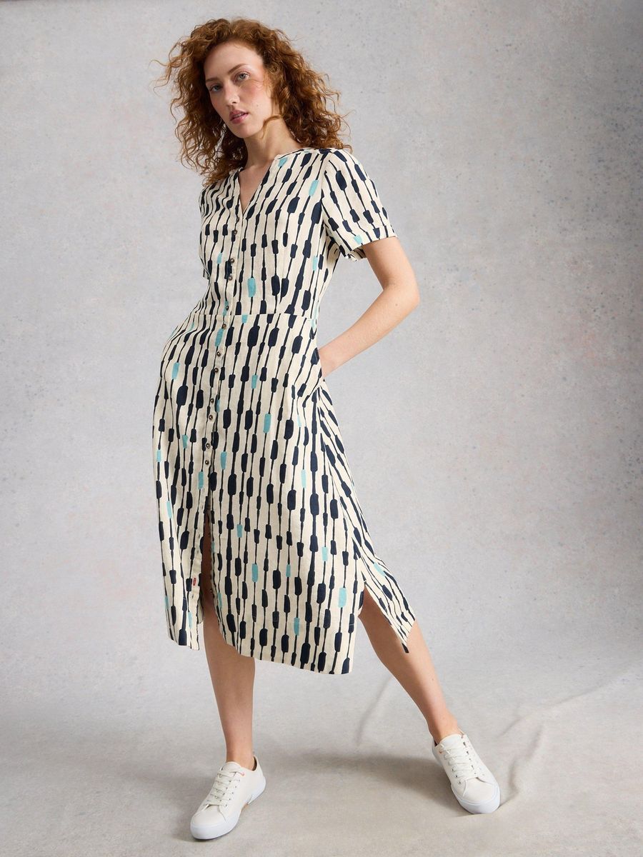 Bedrucktes Leinen-Midi-Hemdkleid