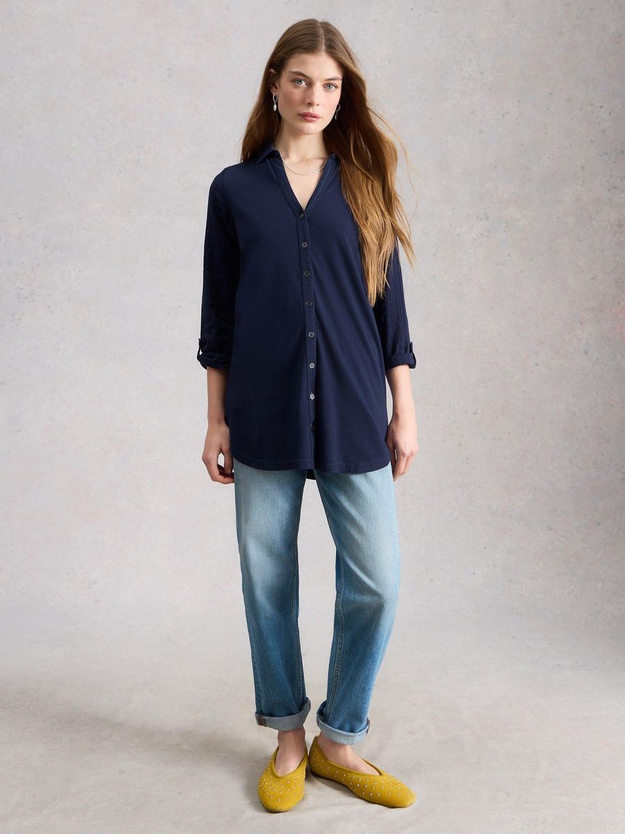 Lange Jerseybluse mit gewebten Ärmeln