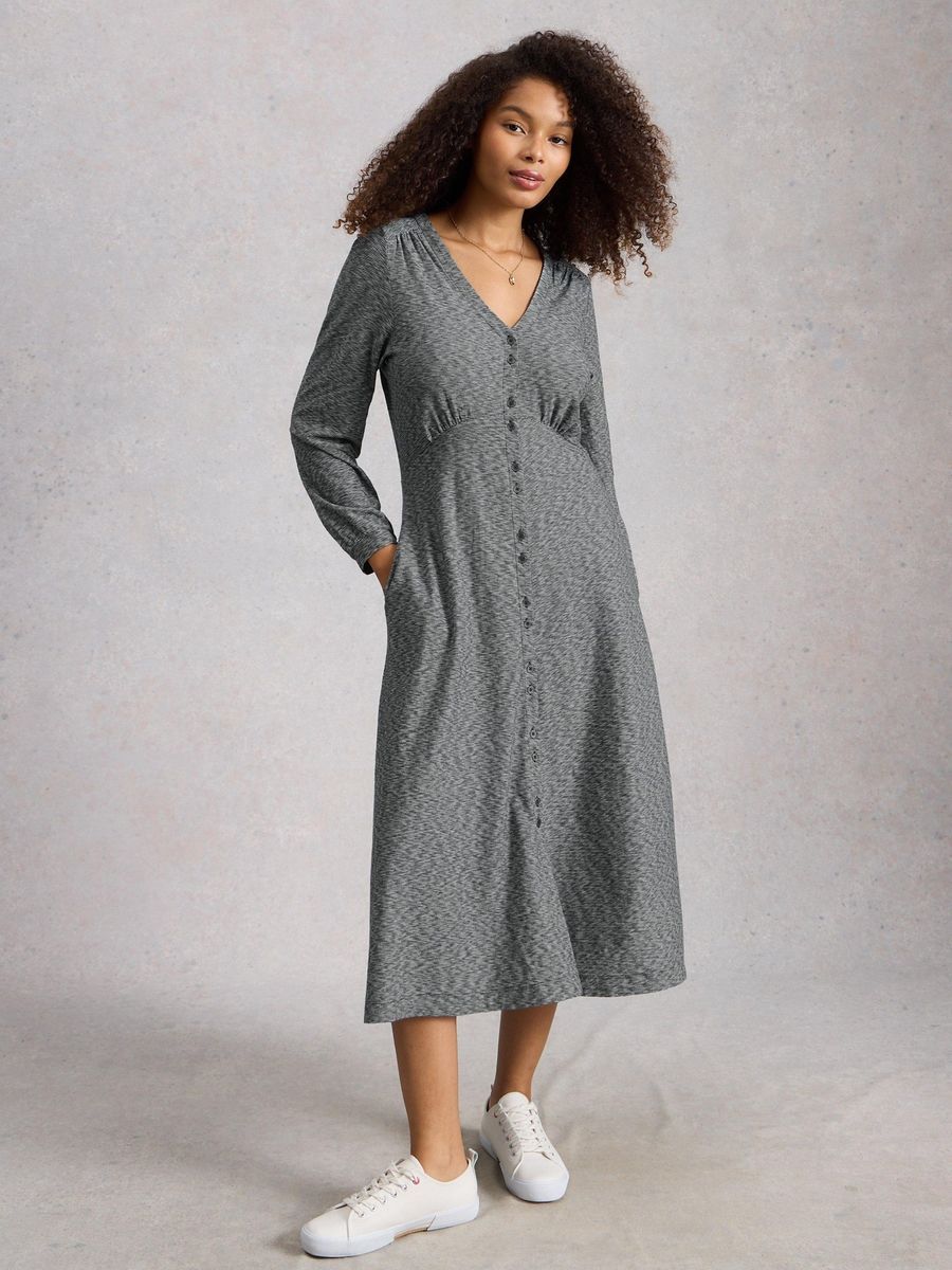 Meliertes Jersey-Midikleid mit Knopfleiste