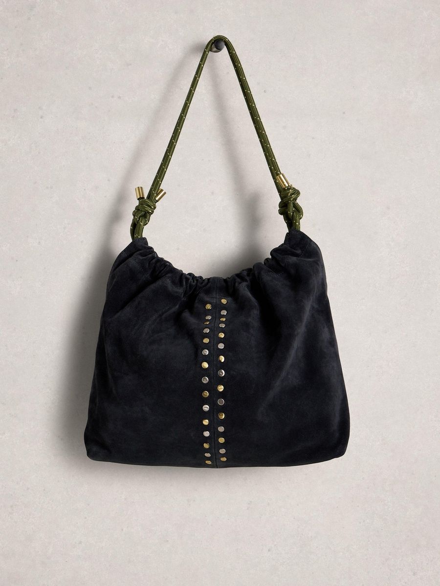 Suede-Shopper mit Nieten und Kordelriemen