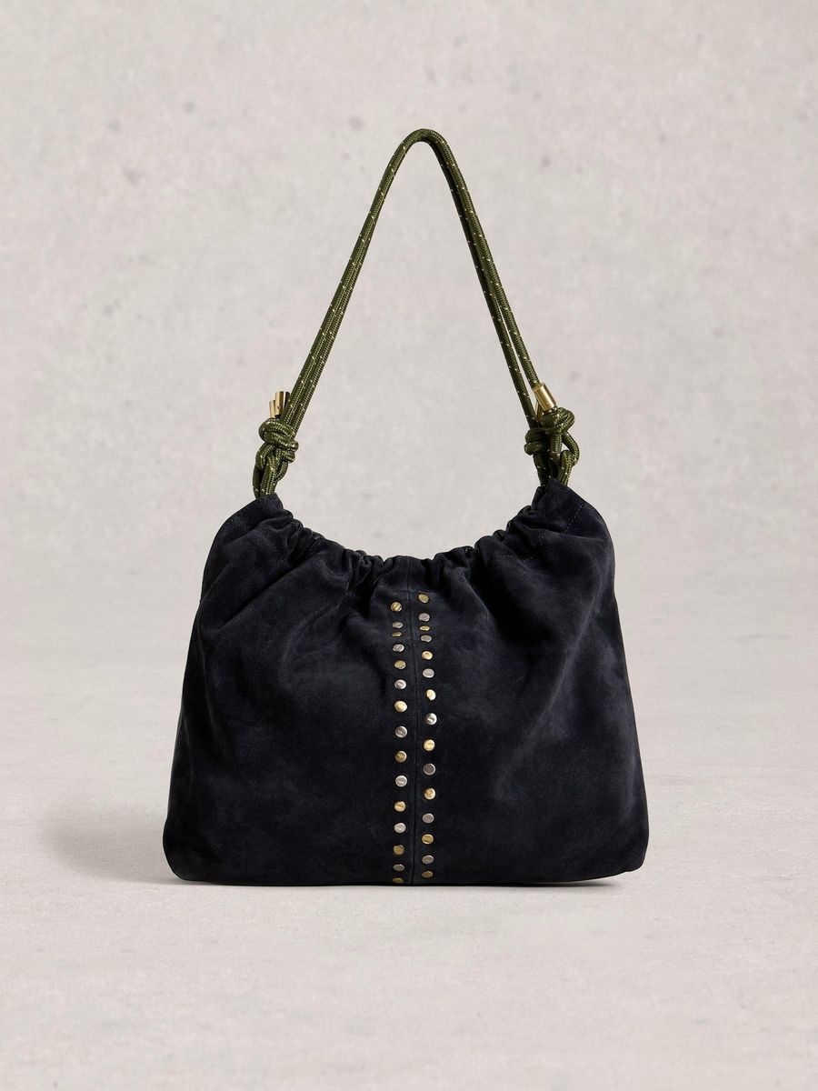 Suede-Shopper mit Nieten und Kordelriemen