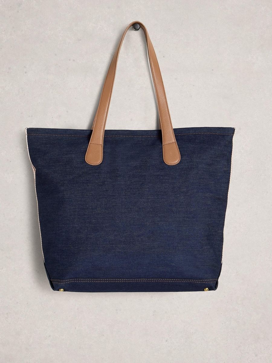 Großer Denim-Shopper mit hellbraunen Henkeln