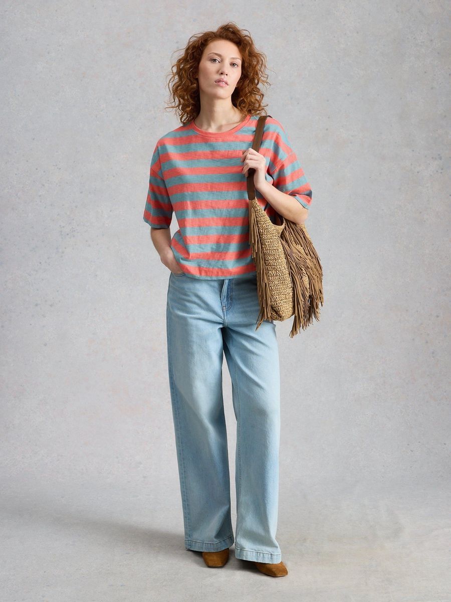 Gestreiftes Boxy Baumwoll-T-Shirt