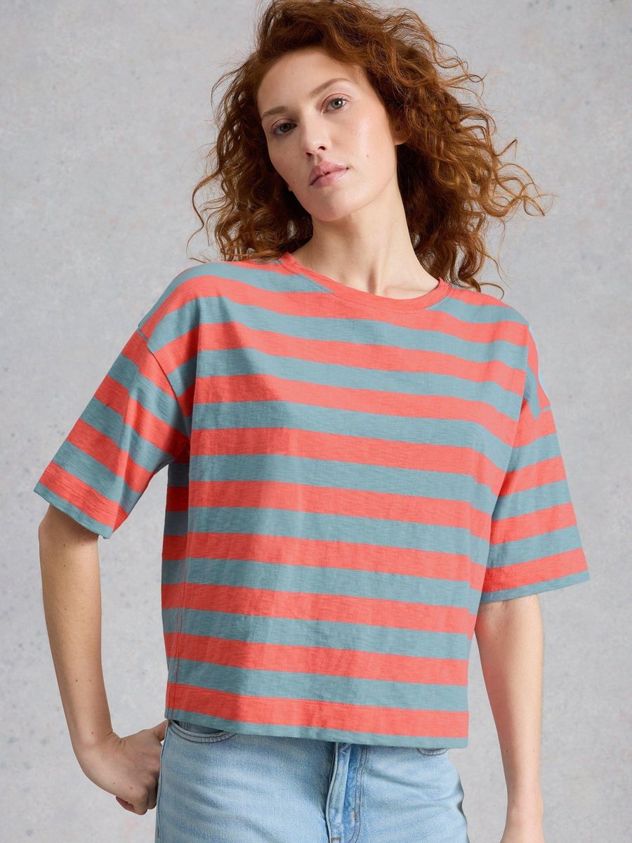Gestreiftes Boxy Baumwoll-T-Shirt