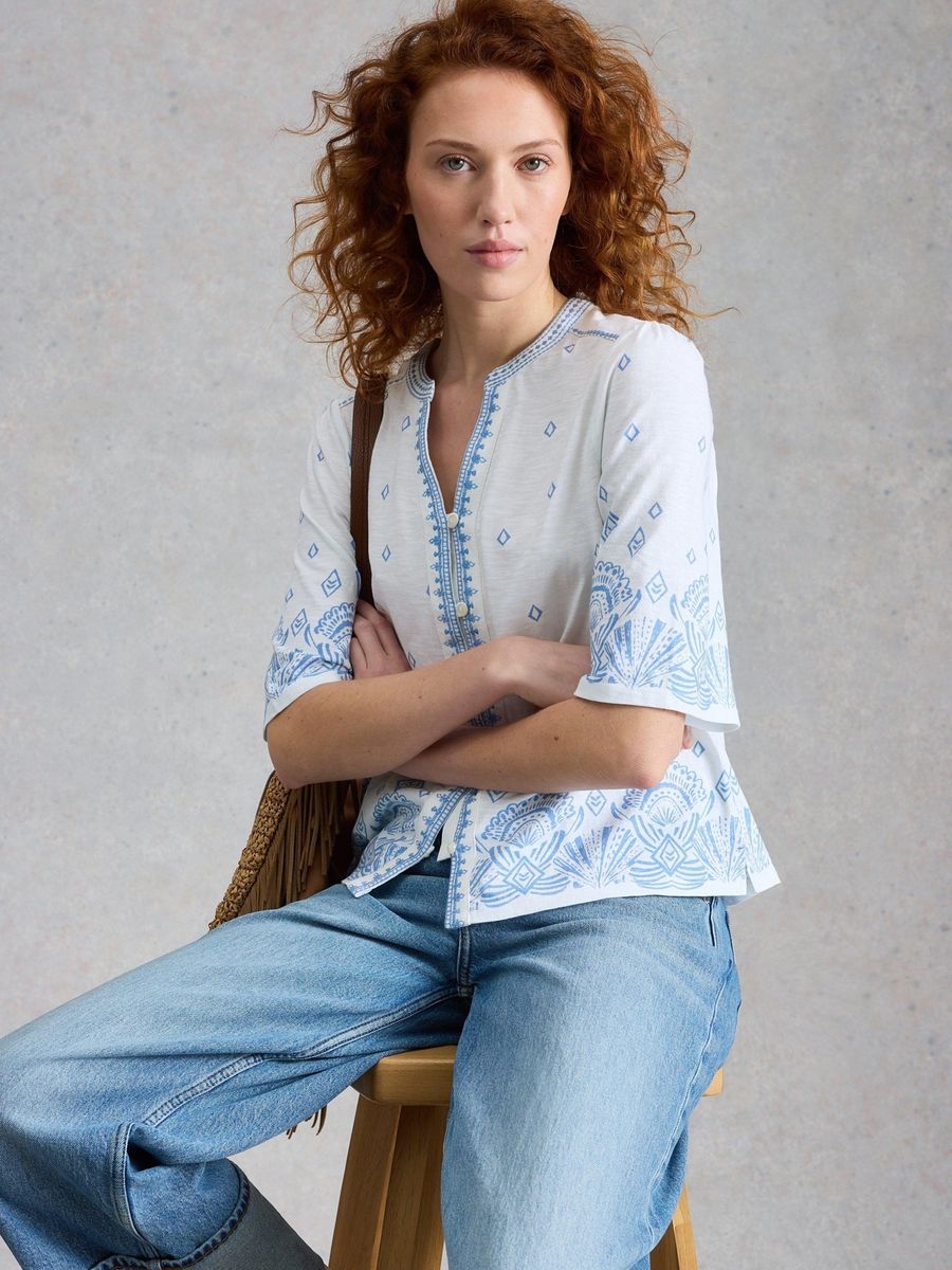 Bestickte Baumwollbluse mit Keilausschnitt