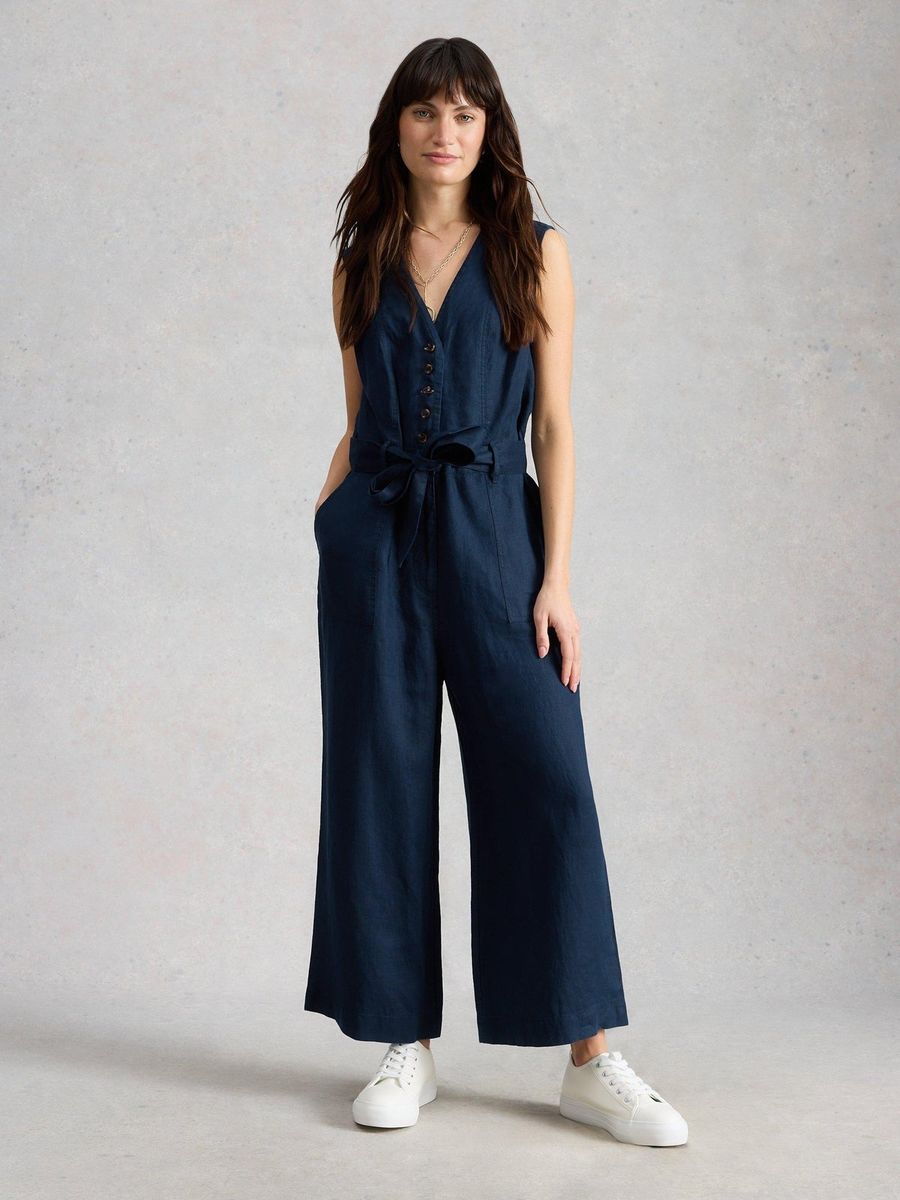 Ärmelloser Leinen-Jumpsuit mit weitem Bein