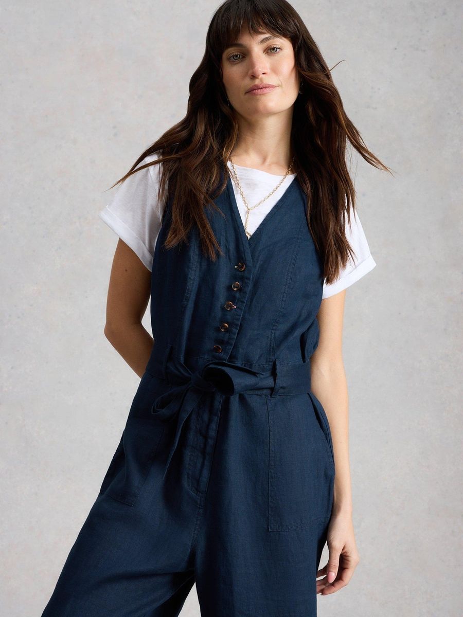 Ärmelloser Leinen-Jumpsuit mit weitem Bein
