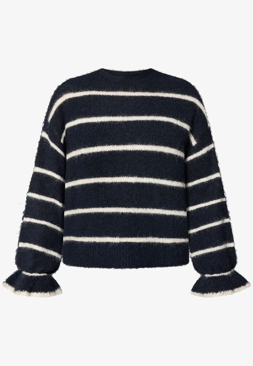 Gestreifter Flauschstrickpullover mit Volant-Details