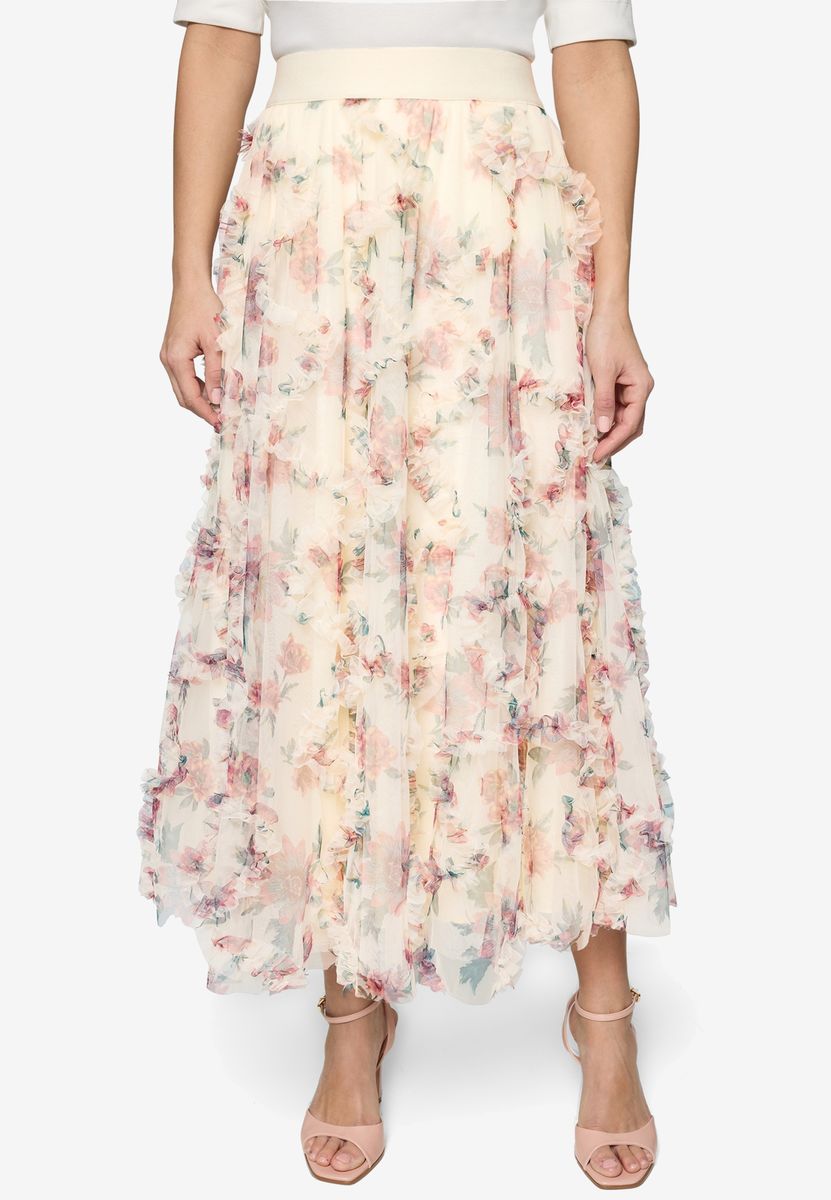 Luftiger Tüll-Maxirock mit Blumenprint