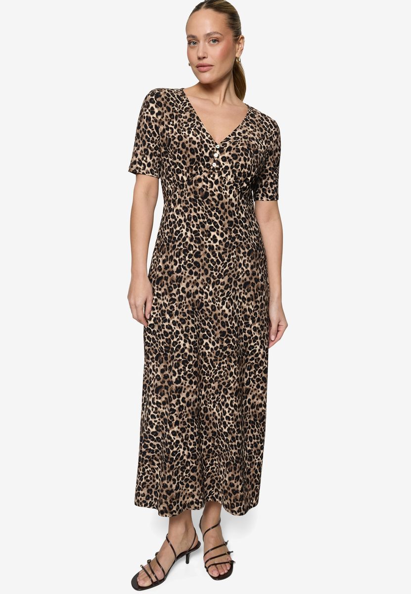Maxikleid mit Leoprint und V-Ausschnitt