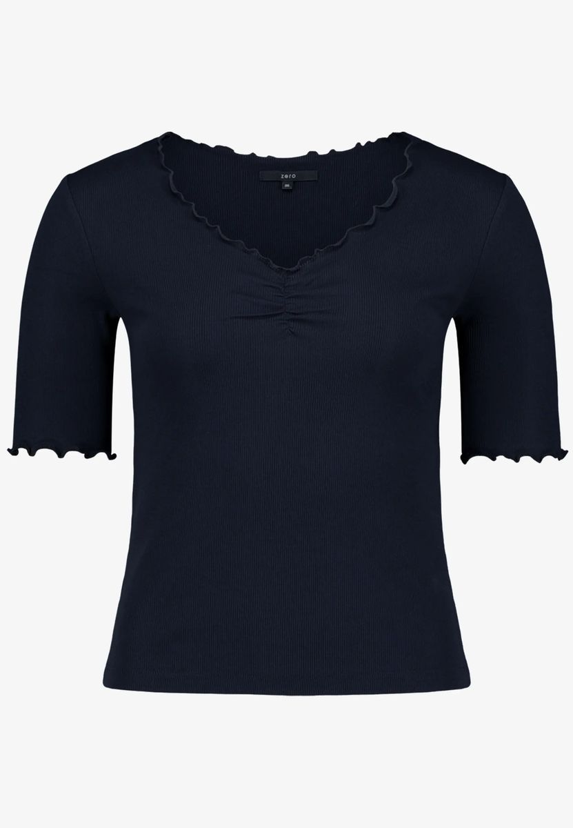 Ripp-Shirt mit Wellensaum und V-Ausschnitt