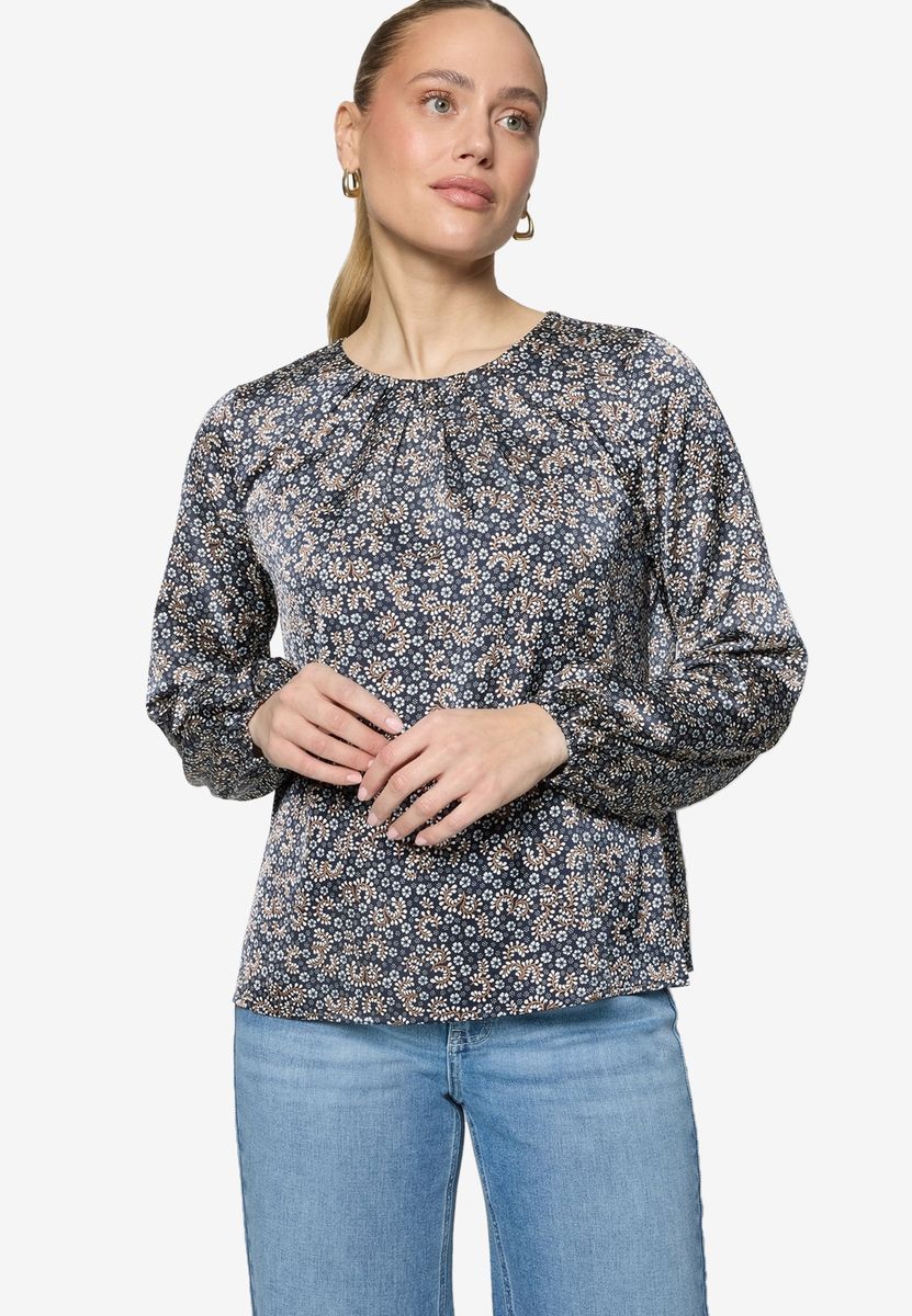 Geblümte Satinbluse mit gerafftem Ausschnitt